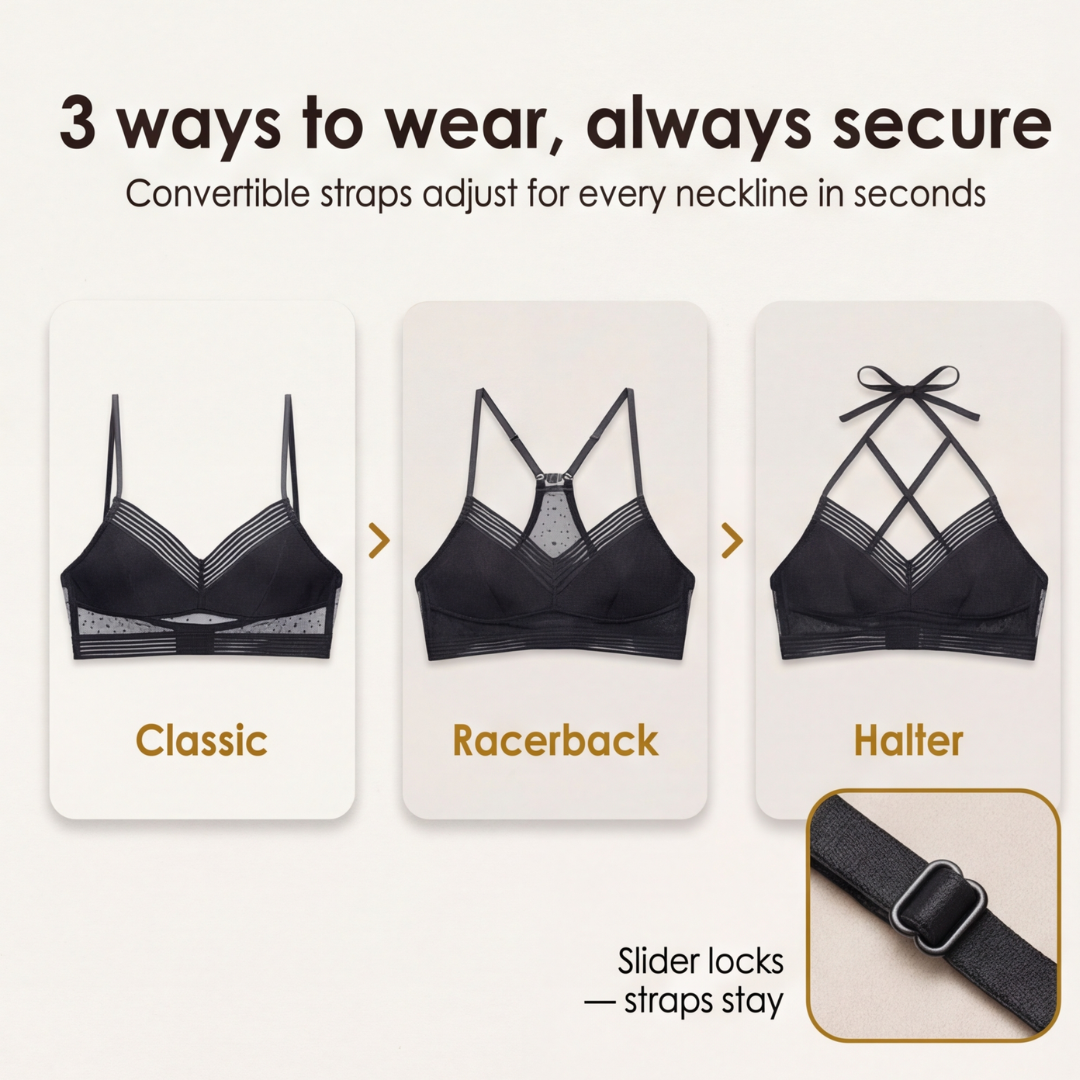 Feature panel of the classic, racerback and halter strap options