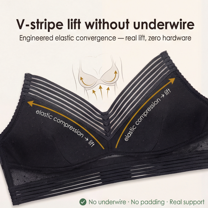 Feature panel with lift arrows on the V-stripe elastic bands
