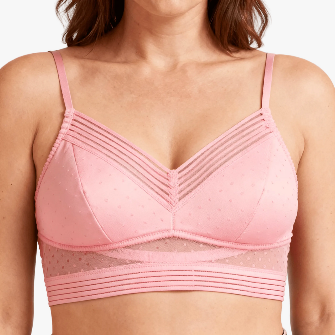 Pink dotted mesh bralette with a banded underbust