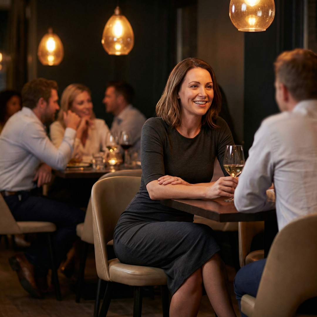 Woman at a restaurant table in a black long sleeve dress