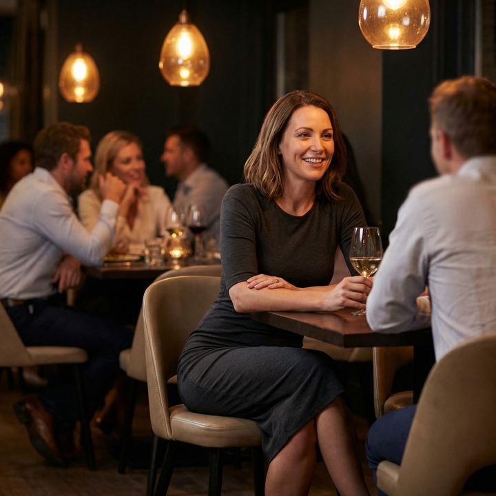 Woman at a restaurant table in a black long sleeve dress