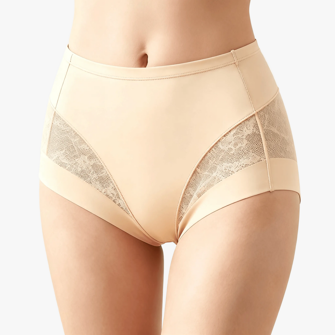 Nude lace panel high-waist briefs shown on a body