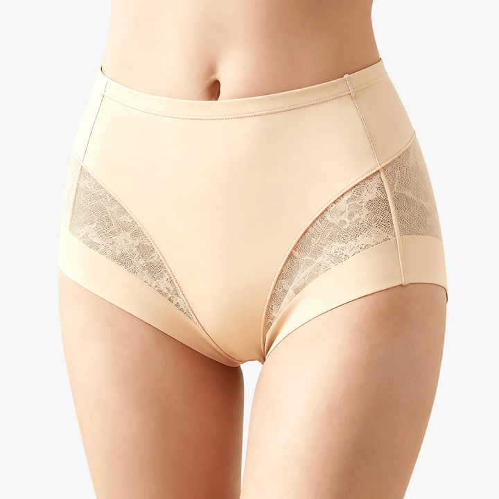 Nude lace panel high-waist briefs shown on a body