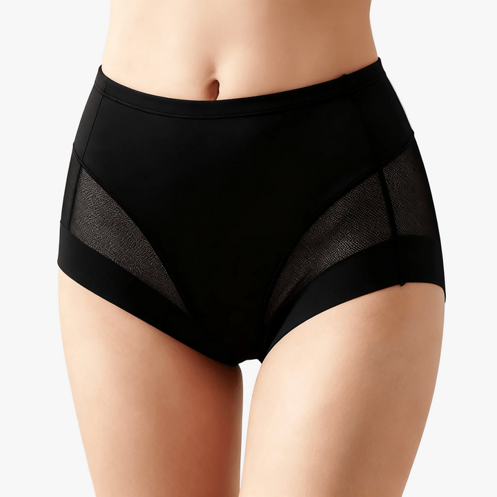 Black mesh panel high-waist briefs shown on a body