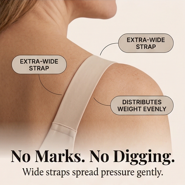 Feature panel with callouts on the extra-wide shoulder strap