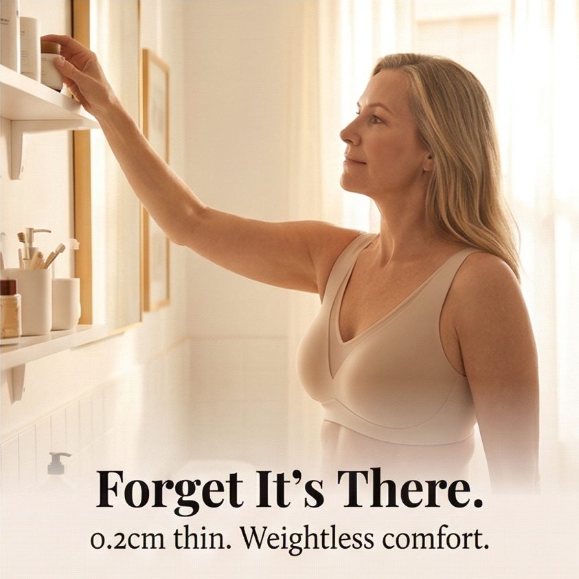 Feature panel of the bra worn while reaching to a shelf