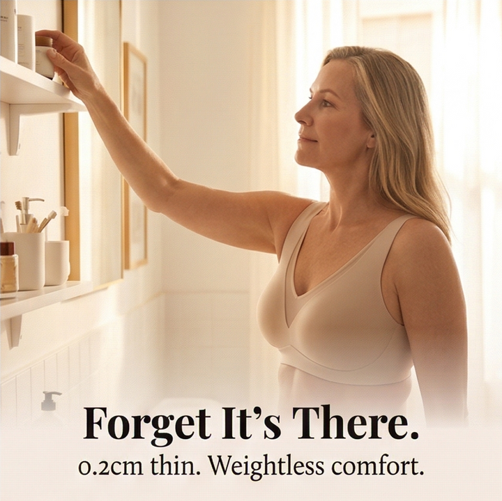 Feature panel of the bra worn while reaching to a shelf