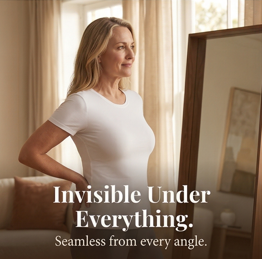 Feature panel of the bra worn under a white tee at a mirror
