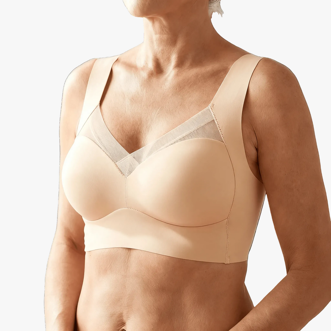 Nude wireless bra with a mesh V panel and wide straps