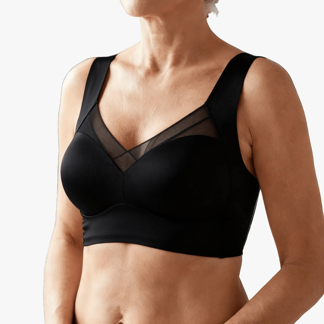 Black wireless bra with a mesh V panel and wide straps