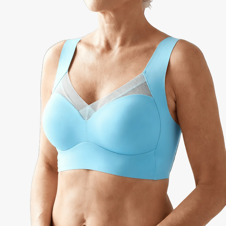 Light blue wireless bra with a mesh V panel and wide straps