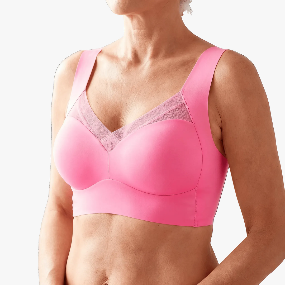 Pink wireless bra with a mesh V panel and wide straps