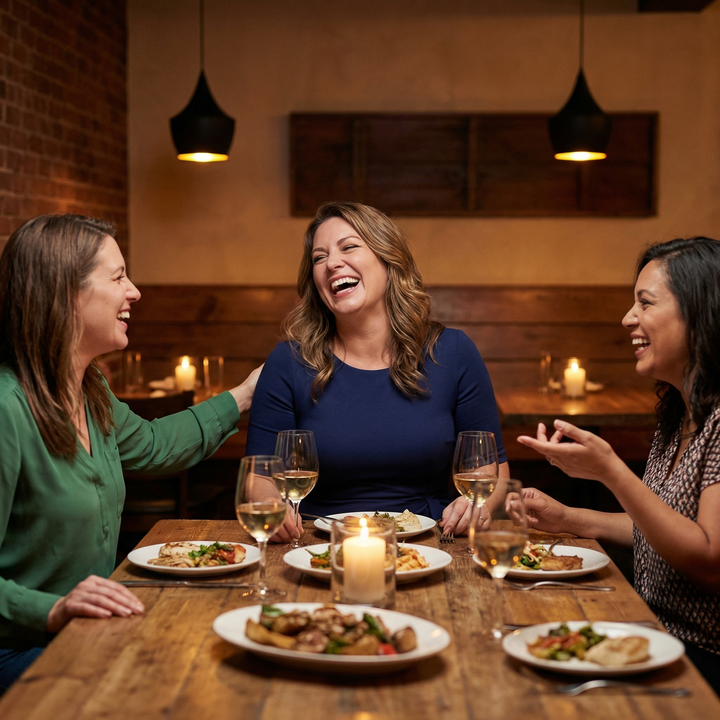 Three women laughing at a restaurant table