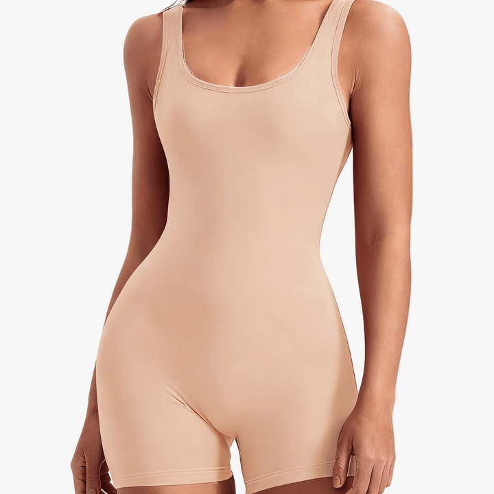 Nude full-body shaping bodysuit with a scooped neckline