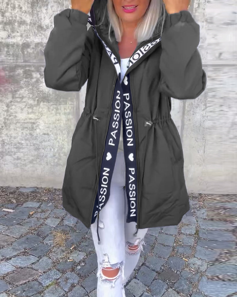 Olive hooded mid-length coat with a drawstring waist