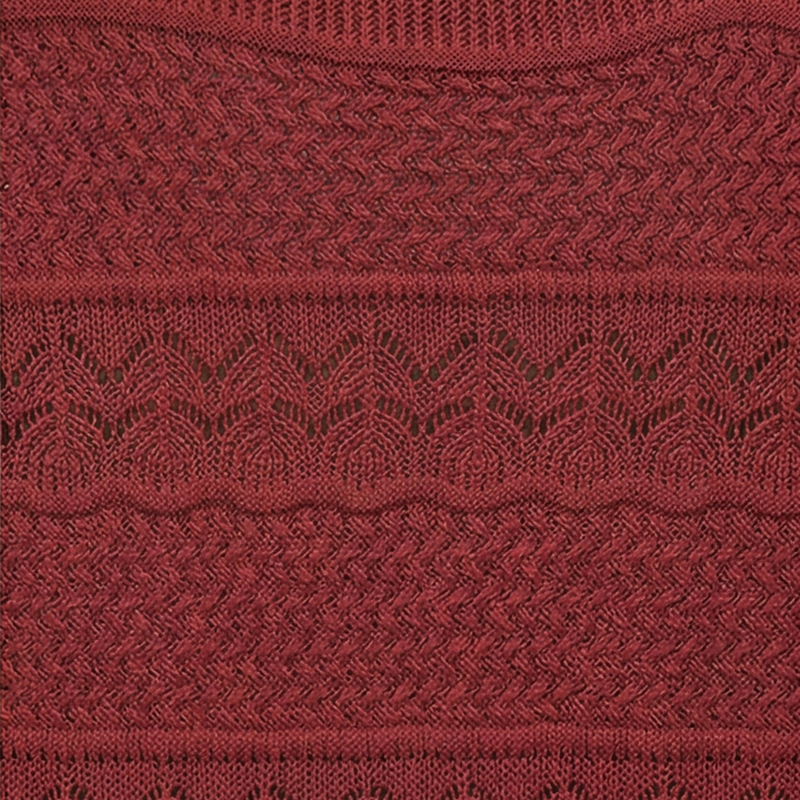 Close up of the mixed pointelle knit texture in burgundy