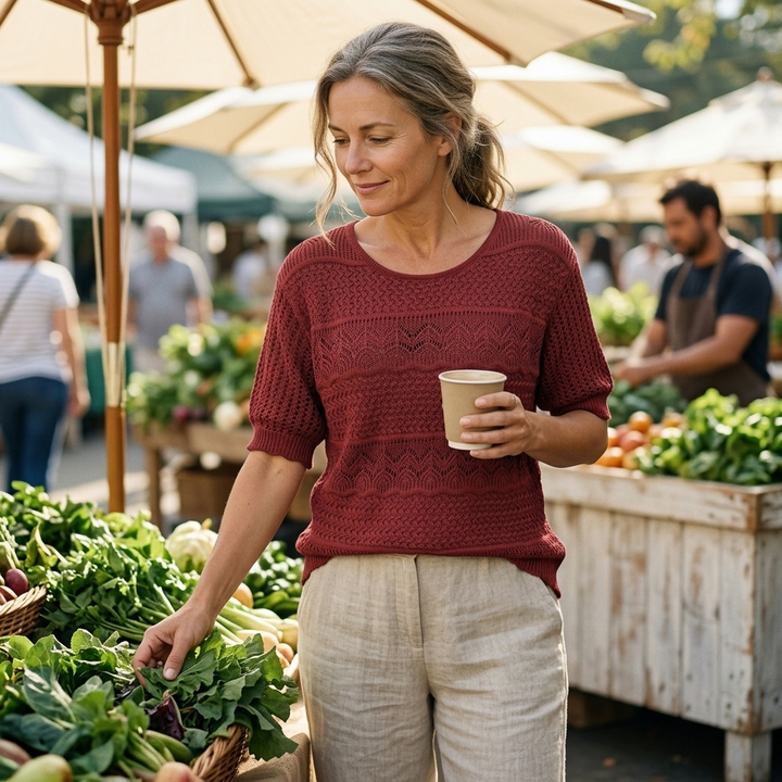 Woman at a market in a burgundy openwork knit top and linen trousers