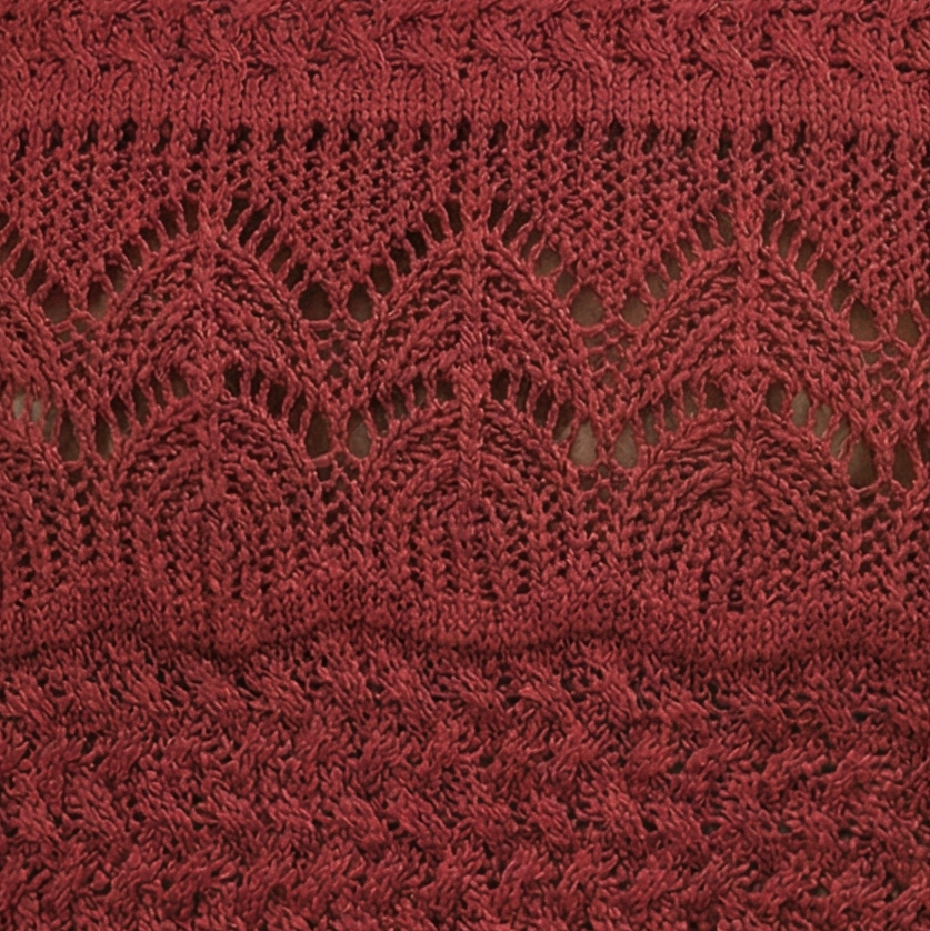 Pink and cream openwork knit tops worn with jeans by two women