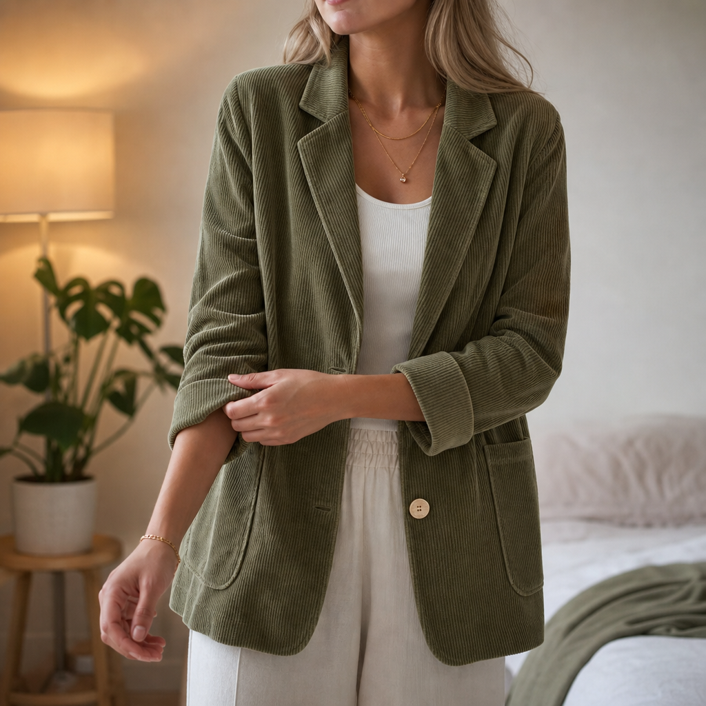 Olive corduroy blazer worn open over a white top