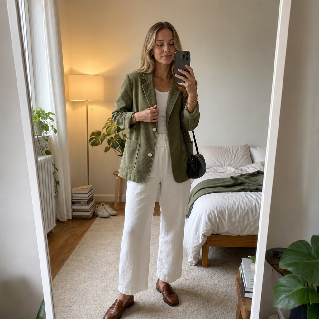 Woman in a mirror wearing an olive corduroy blazer and trousers