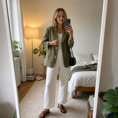 Woman in a mirror wearing an olive corduroy blazer and trousers