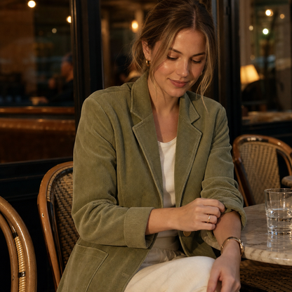 Woman seated at a cafe table in an olive corduroy blazer