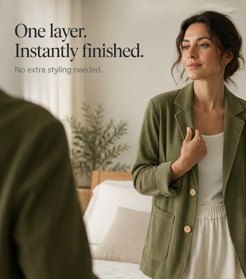 Feature panel of the olive corduroy blazer worn over a white top