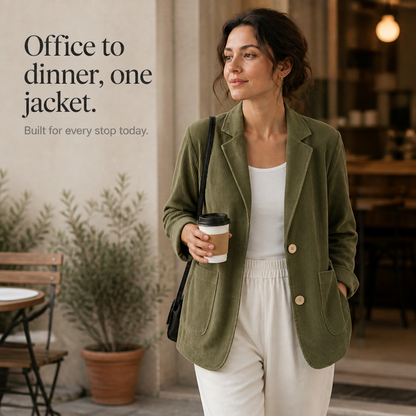 Feature panel of the olive corduroy blazer worn with white trousers