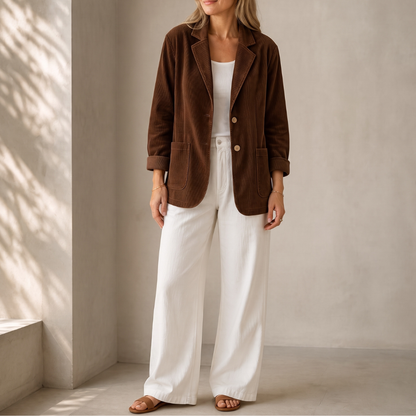 Chocolate brown corduroy blazer with a notch collar