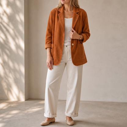 Rust orange corduroy blazer with a notch collar and roll sleeves