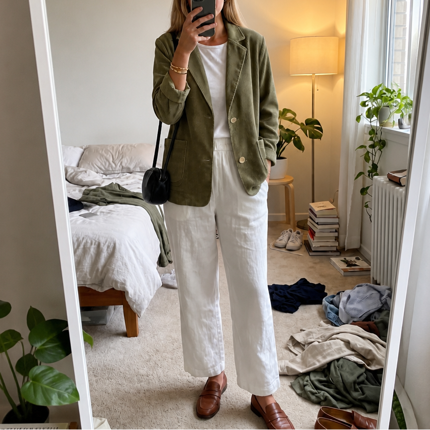 Olive corduroy blazer with a notch collar and cream trousers