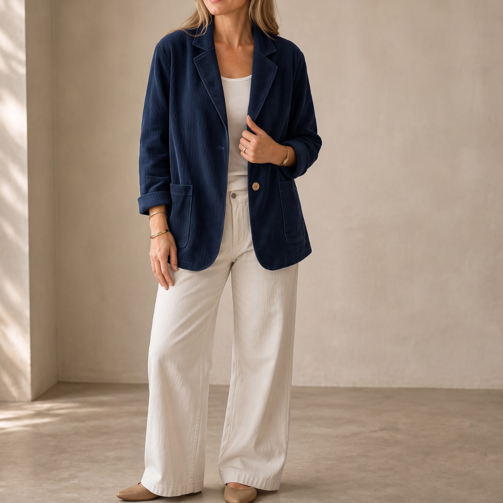Navy corduroy blazer with a notch collar and patch pockets