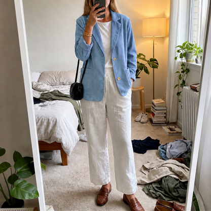 Light blue corduroy blazer worn with cream trousers in a bedroom