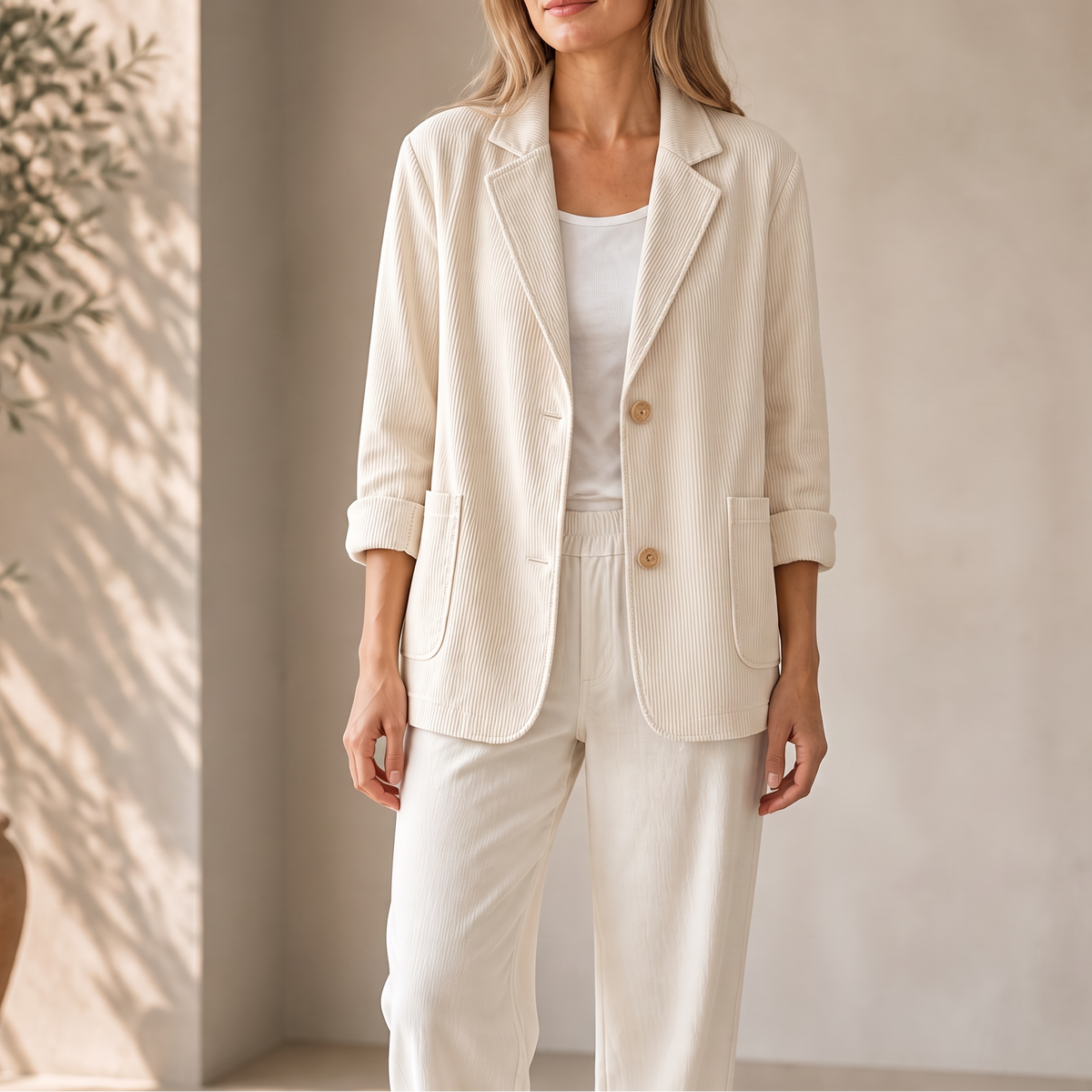 Cream corduroy blazer with a notch collar and matching trousers
