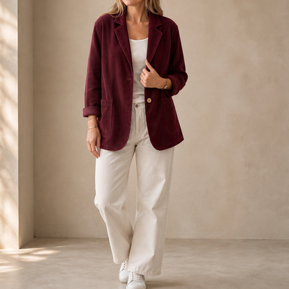Burgundy corduroy blazer with a notch collar and cream trousers