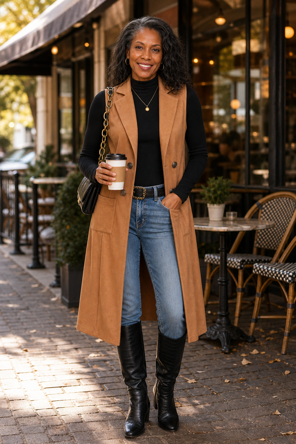 Camel longline vest worn with jeans outside a cafe