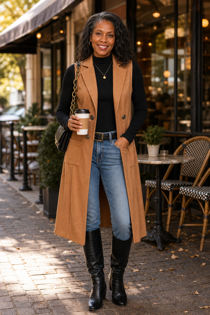 Camel longline vest worn with jeans outside a cafe