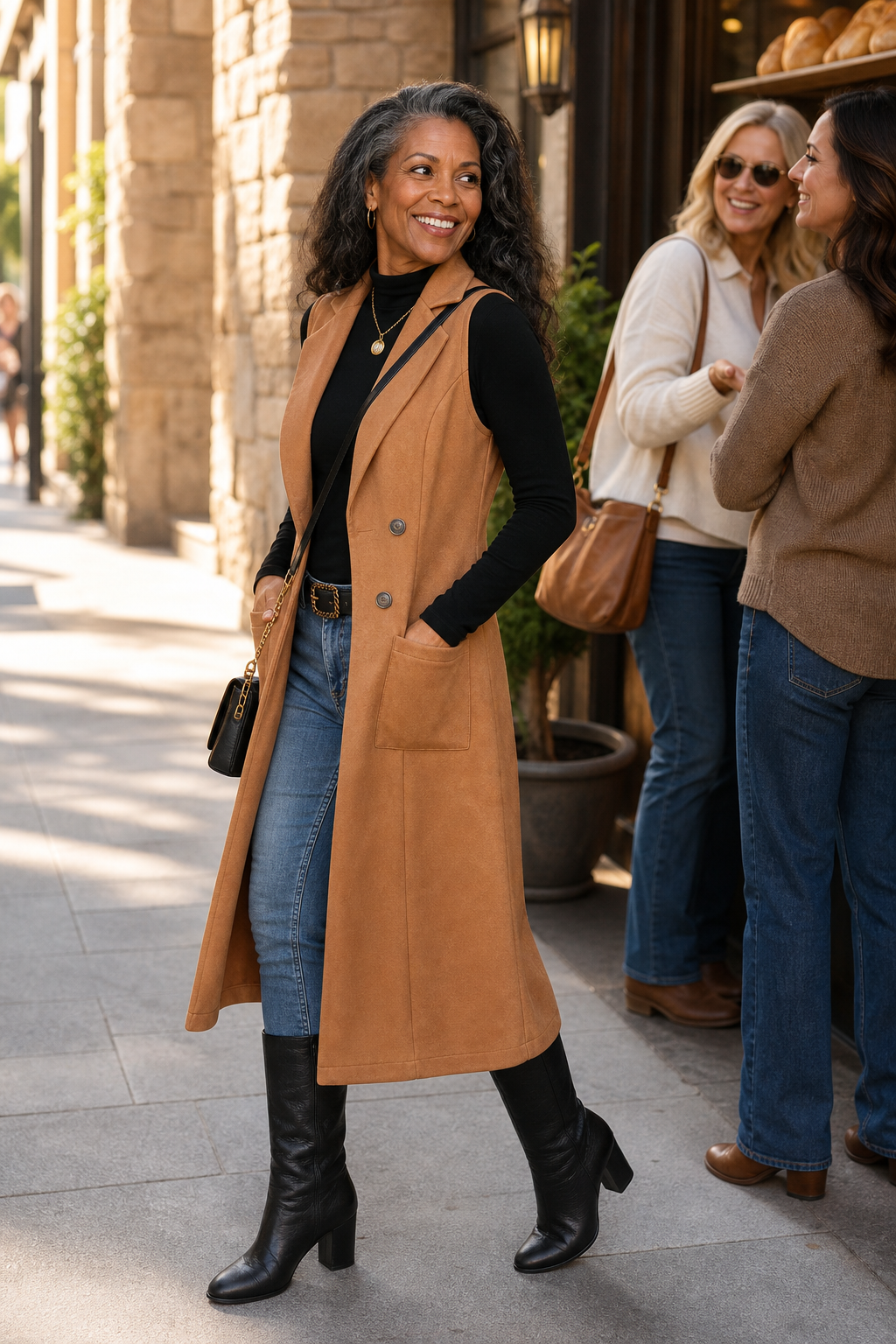 Three women on a pavement, one in a camel longline vest