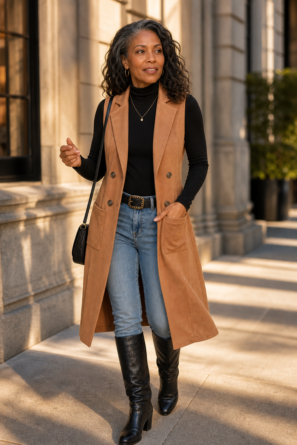 Camel longline sleeveless vest worn with knee high black boots