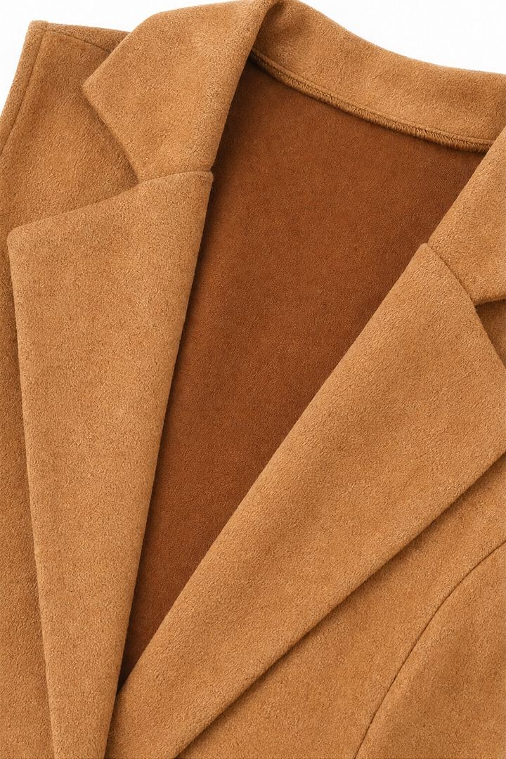 Close up of the notch lapel on a camel faux suede vest