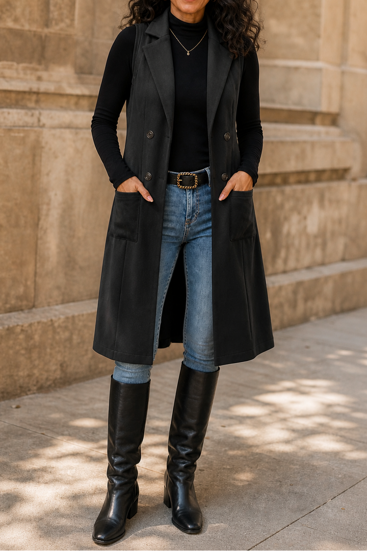 Black longline sleeveless vest with notch lapels and pockets