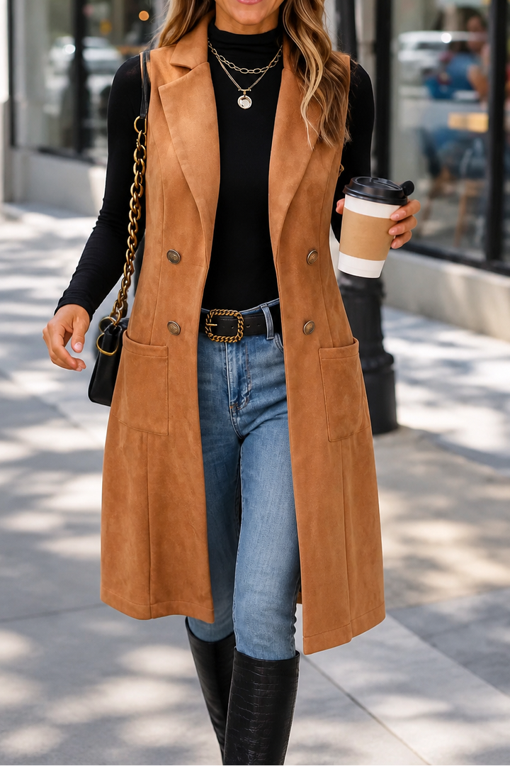 Camel longline sleeveless vest with notch lapels and patch pockets