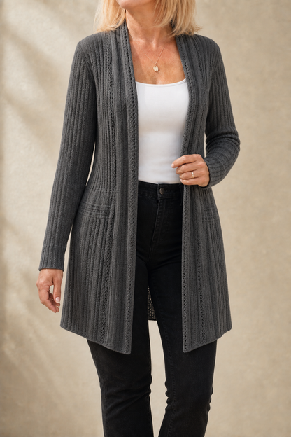 Charcoal open front waterfall ribbed cardigan with black jeans