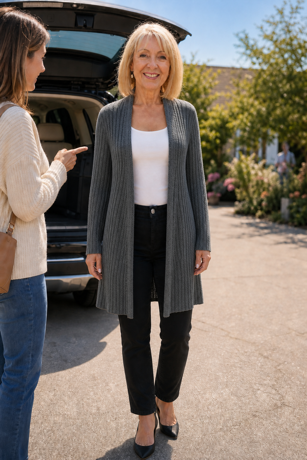 Woman by a car in a charcoal waterfall ribbed cardigan