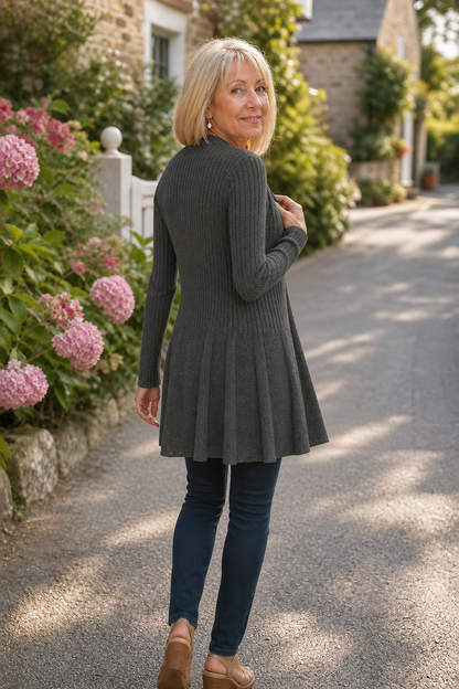 Charcoal waterfall cardigan worn on a lane with hydrangeas