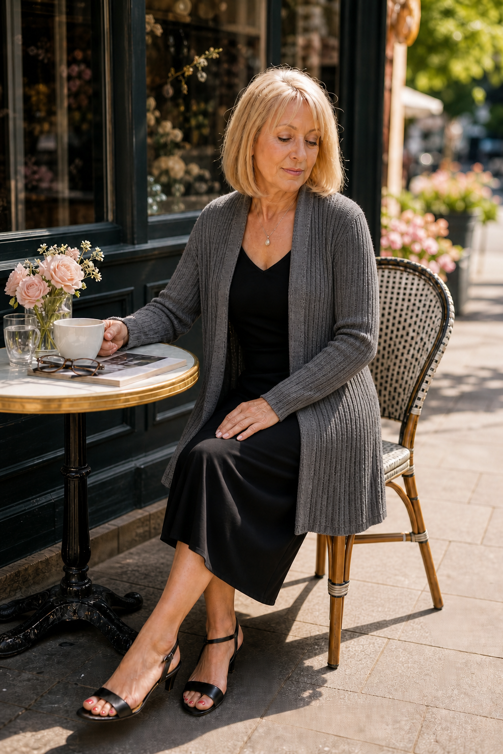 Woman at an outdoor cafe in a charcoal waterfall ribbed cardigan