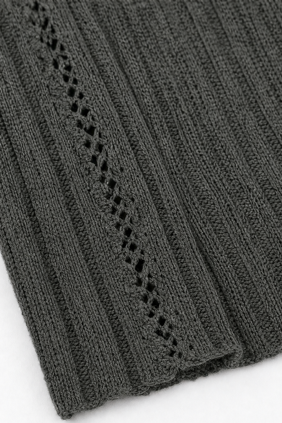 Pointelle trim detail on the front edge of a charcoal cardigan
