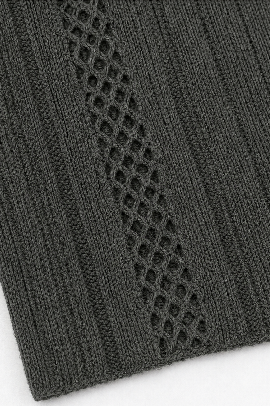 Open diamond mesh panel in a charcoal ribbed cardigan