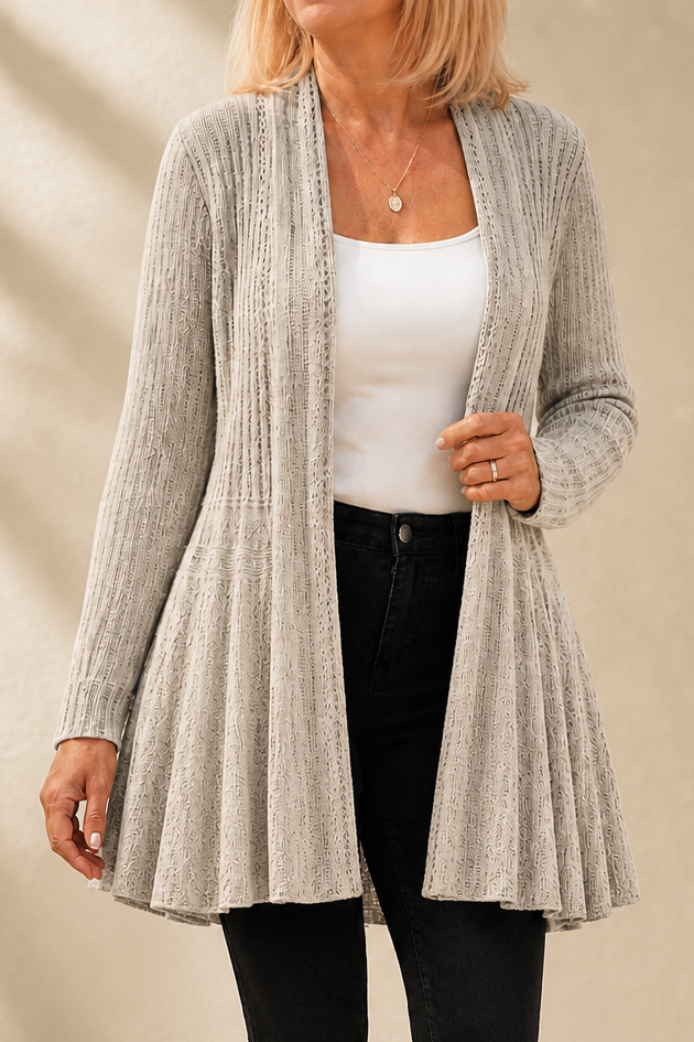 Oatmeal open front waterfall ribbed cardigan with a flared hem