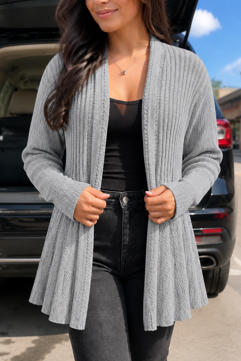 Light grey open front waterfall ribbed cardigan